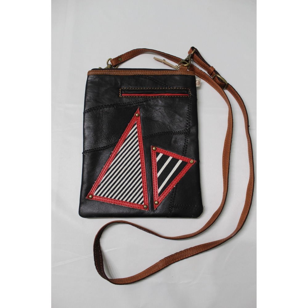 Vaan‎ & Co Upcycled Leather Patchwork Crossbody Bag Black Red Striped Geometric